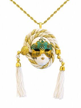 Rare Handmade Venetian Mask Necklace OOAK Statement Gold Chain Art Jewelry